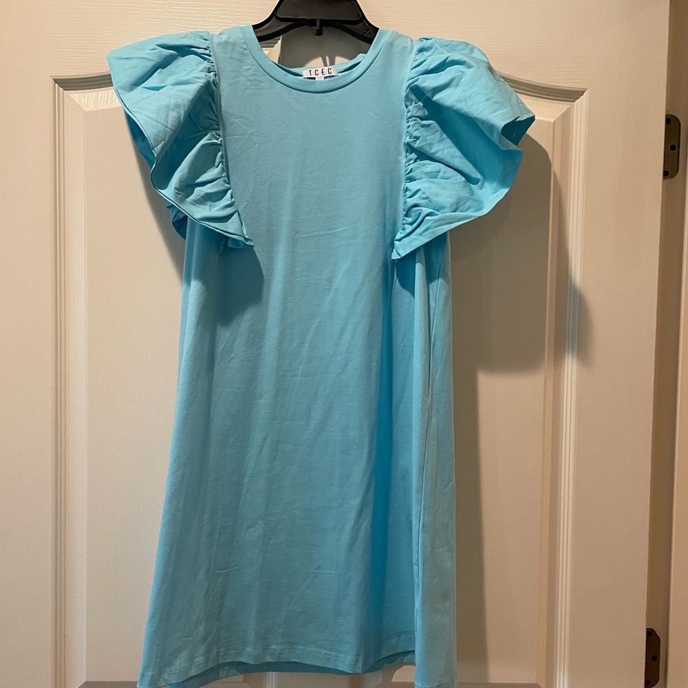 Teal ruffle sleeve dress